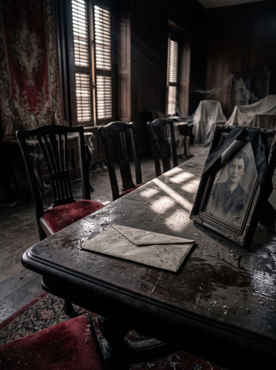An envelope on a dusty dining table in an empty house