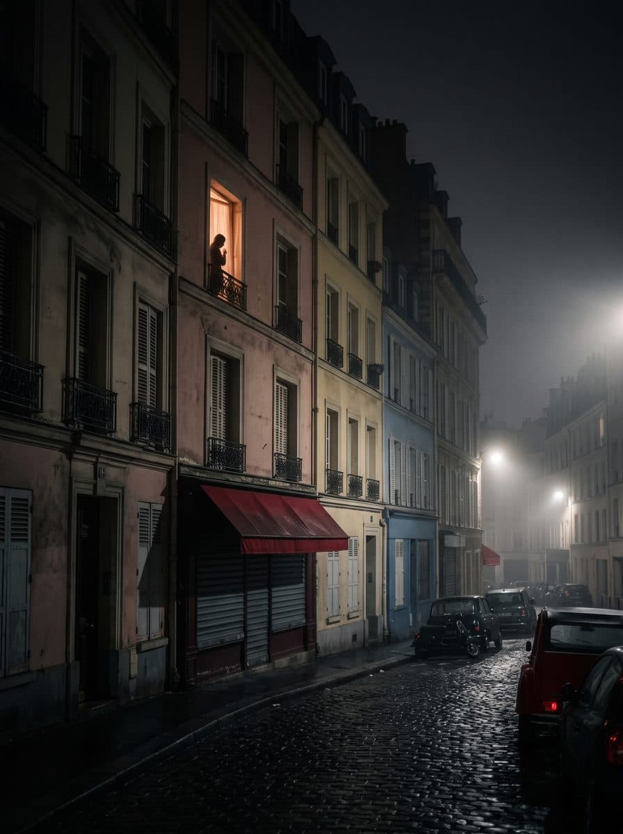 A foggy street at night, one lit window with a silhouette