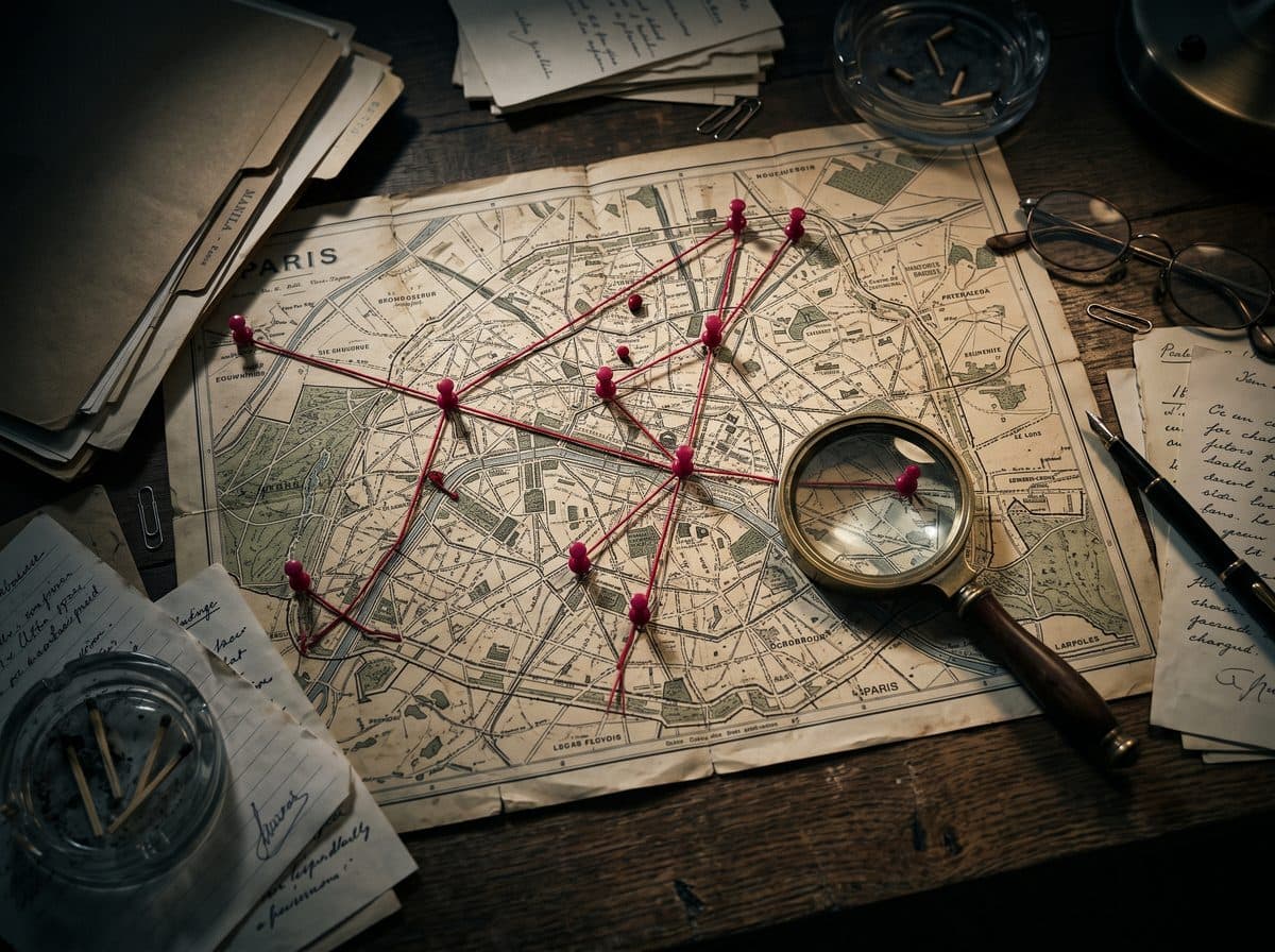A map of Paris on a desk with pins, red thread and a magnifying glass