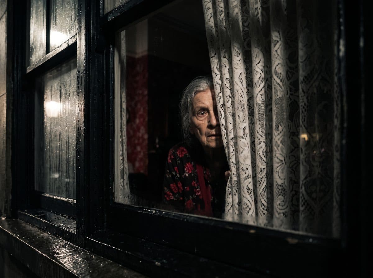 An elderly neighbour watching through lace curtains