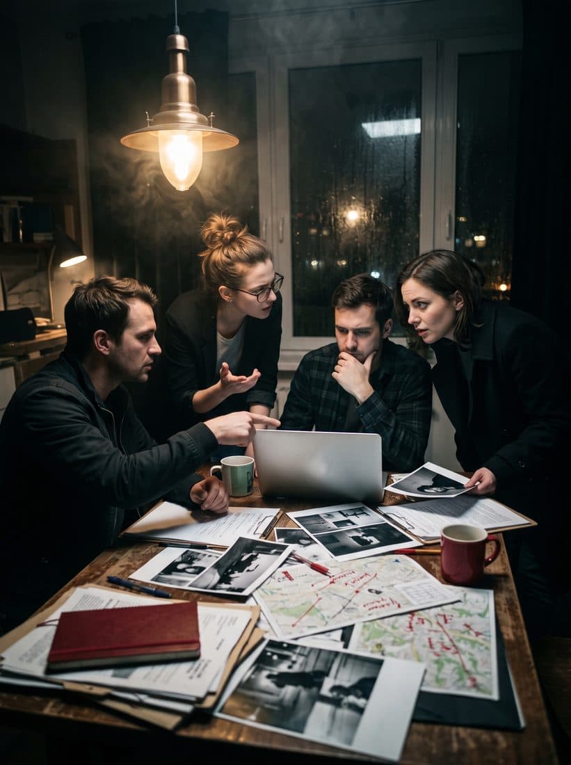 Friends at night arguing over a laptop and evidence photos
